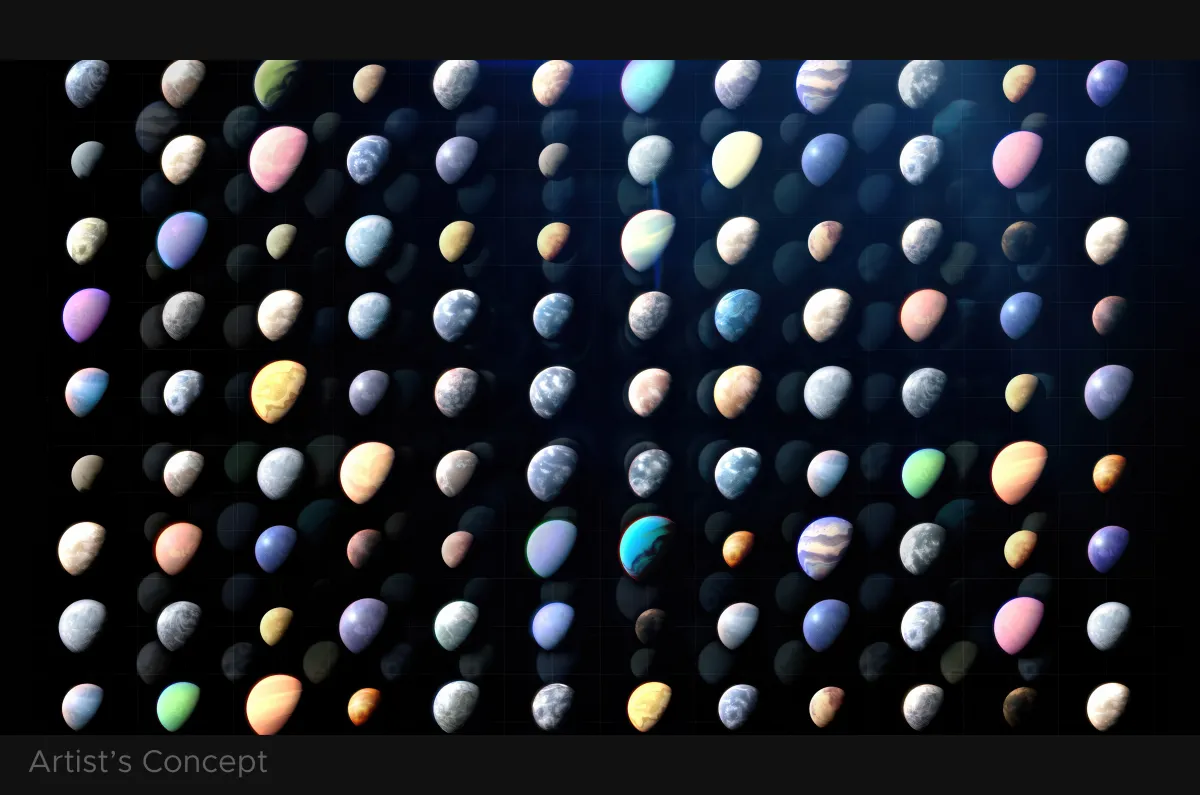 Artist impression of a large number of exoplanets. Decorative only.