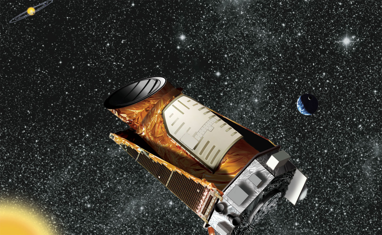 [Artist impression of Kepler spacecraft with distant solar system.   Credit NASA/Kepler mission/Wendy Stenzel ]