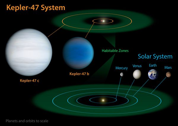 [ Diagrams comparing Kepler-47 system to solar system.  Credit: NASA/JPL-Caltech/T. Pyle ]